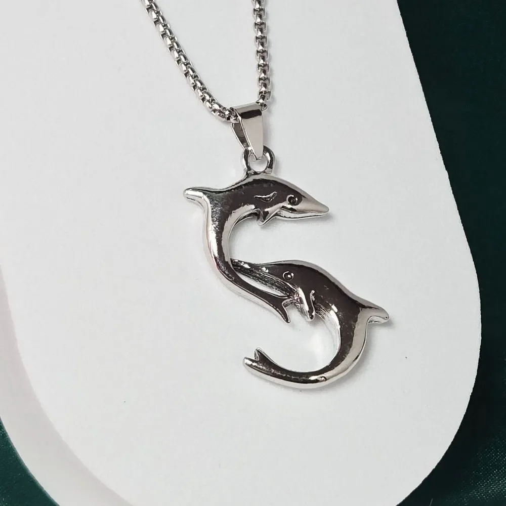 Silver Double Dolphin Pendant Necklace 24” Stainless Steel Coastal Cruise Vacay